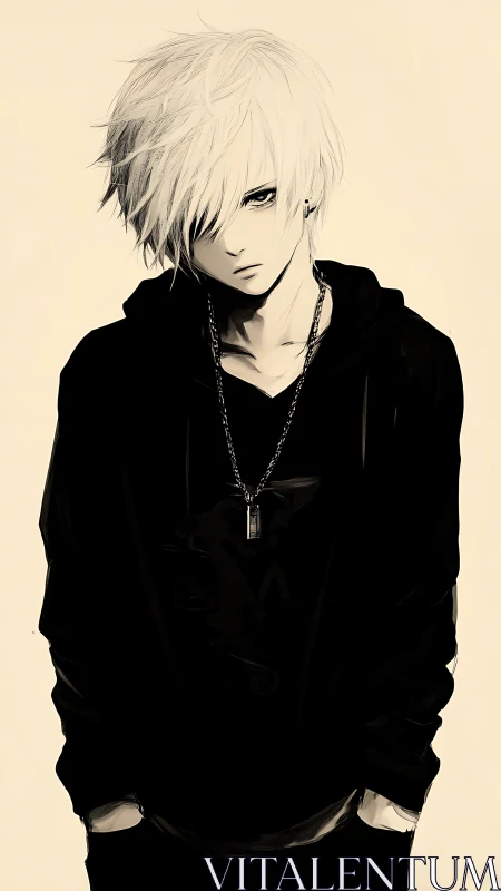 Brooding silver-haired boy in oversized black hoodie portrait.