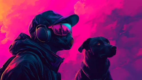 Hooded figure and dog under neon pink sky at dusk.