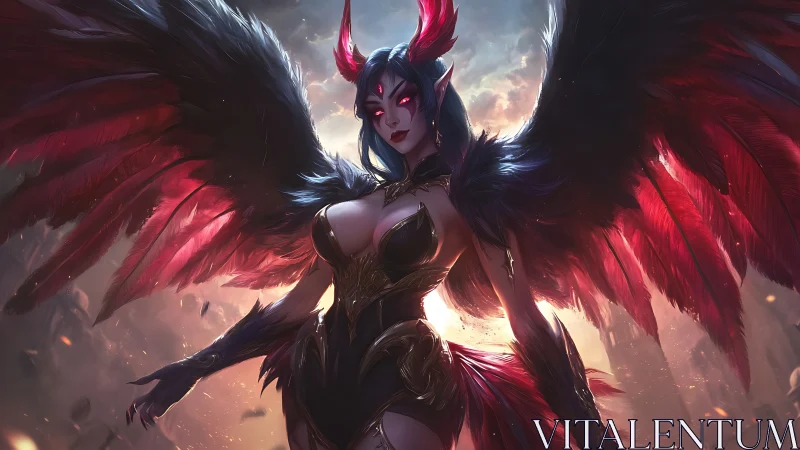 Winged horned humanoid figure in dark fantasy armor.