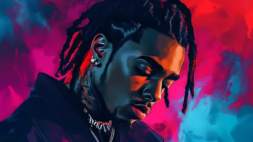 Moody portrait glows with bold neon blues and reds