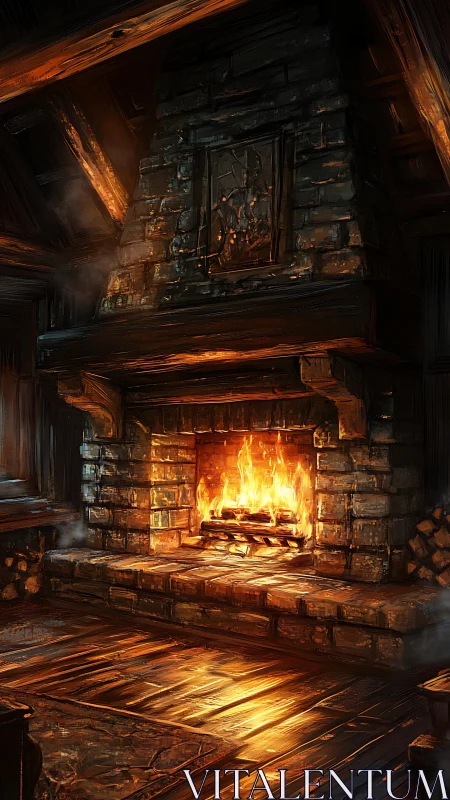 Stone fireplace with active flames, wooden mantel, interior architectural detail.