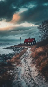 Solitary Coastal Dwelling Under Turbulent Nordic Sky.