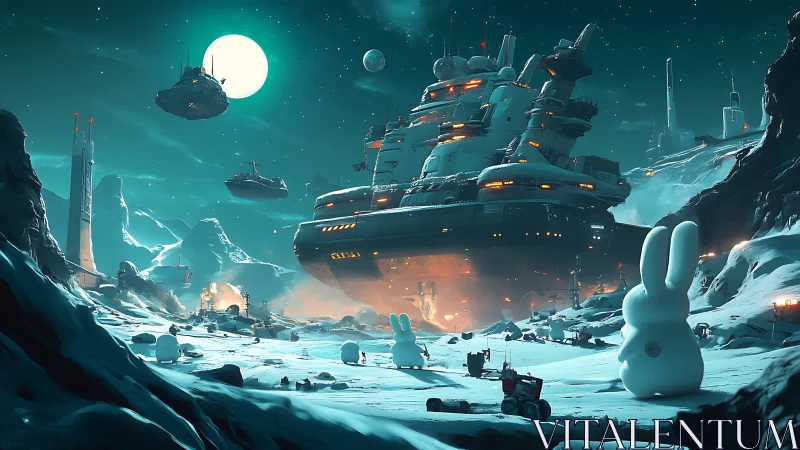 Snowbound alien outpost with starship and sculptures.