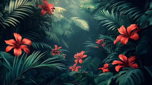 Red Hibiscus Flowers in Dark Tropical Foliage.