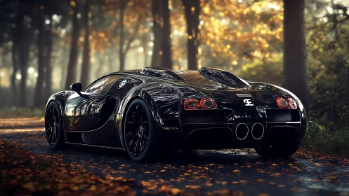 Midnight-black supercar resting in a golden autumn forest.