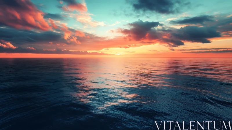 Sunset horizon divides rippling ocean surface and clouded sky