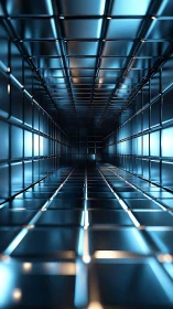 Metallic grid tunnel with linear perspective and blue light.