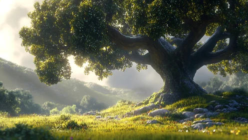 Ancient Tree's Gentle Embrace in Morning Light.