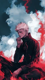 Brooding anime warrior in swirling red cursed flames.