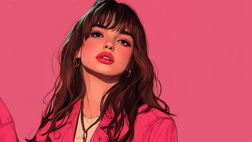 Stylized pink portrait of a woman in bold vector linework