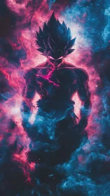 Cosmic warrior ignites within neon storm of electric starlight.