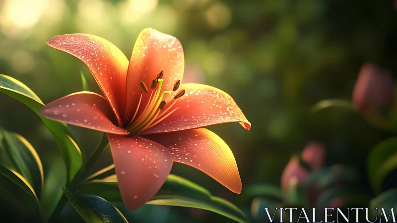 Asiatic Lily with Water Droplets in Garden Setting.