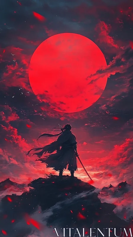 Solitary sword figure under large red sun on ridge.