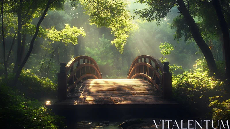 Sunlit wooden bridge framed by lush misty forest canopy.