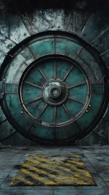 Industrial blast vault door with corroded teal steel plating