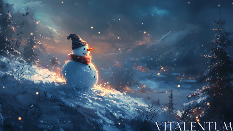 Snowman overlooking ember-lit alpine valley at twilight.