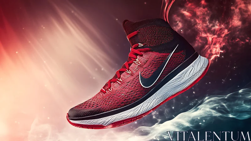 Red athletic shoe is presented in dynamic studio lighting