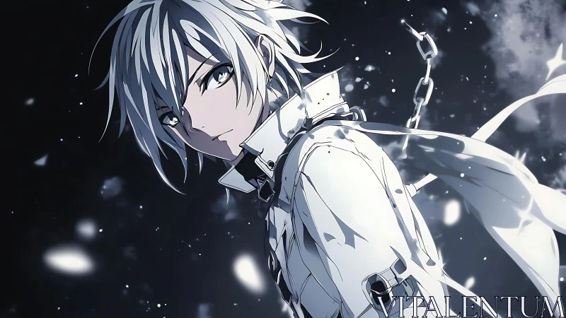 Silver haired anime boy in white coat amid drifting sparks