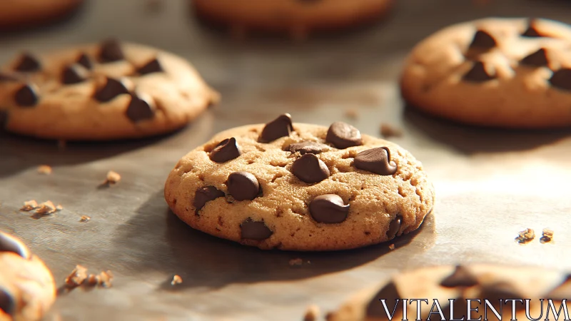Freshly baked chocolate chip cookies on metal tray scene