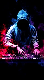 Hooded DJ controlling mixer in vivid neon smoke scene.