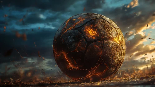 Molten lava soccer ball under stormy cinematic sky.
