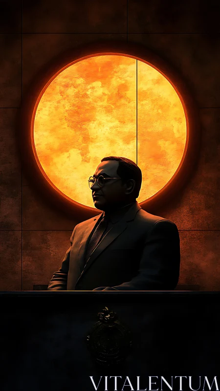 Backlit suited figure before circular sunlit aperture