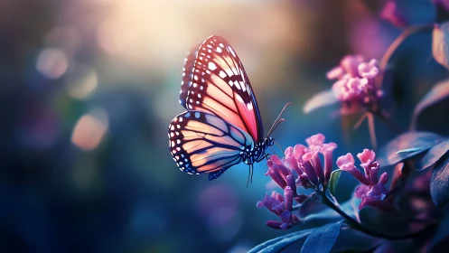 Butterfly rests on pink flowers in soft sunset lighting