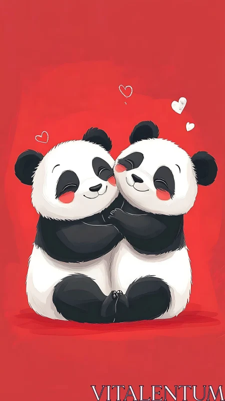 Snuggly panda pair shares a sweet hug on bright red