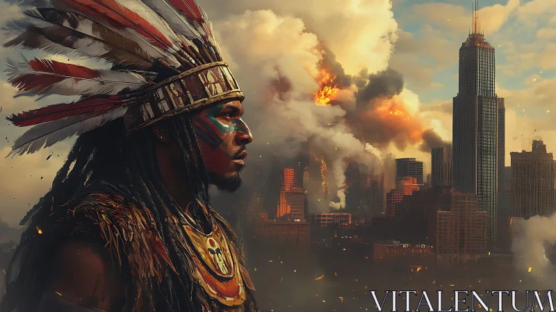 Headdress warrior against erupting hyperurban skyline.