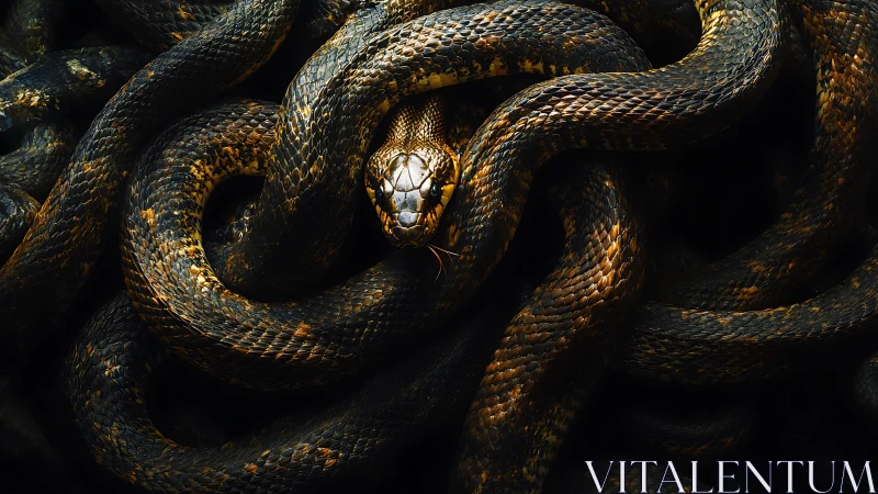 Coiled dark snake locks gaze from dense overlapping loops