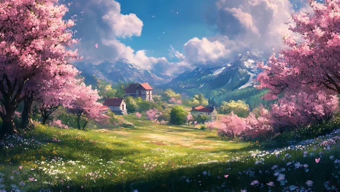 Idyllic alpine valley in spring rendered as luminous digital painting