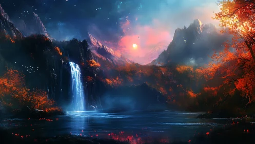 Dreamlit waterfall valley under neon dusk sky panorama.
