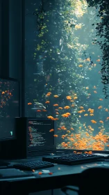 Bioluminescent code terminal overlooking dense aquatic microcosm.