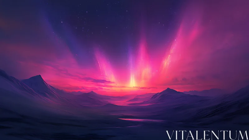 Radiant aurora over silent alien ice valley at dusk.