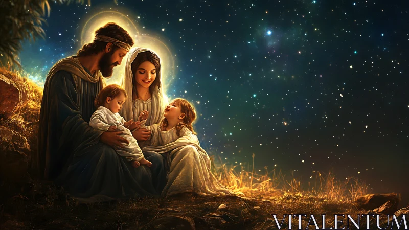Holy family under starlit sky in glowing sacred embrace.