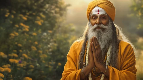 Elderly ascetic in saffron robes under diffused garden light.