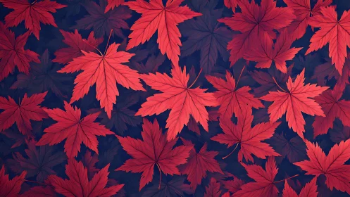 Crimson maple foliage arranged over deep indigo ground plane.