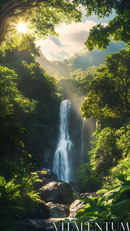 Sunlit rainforest waterfall framed by dense foliage and mist