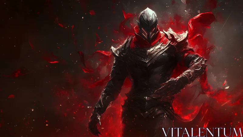 Dark armored warrior emerges amid swirling crimson energy