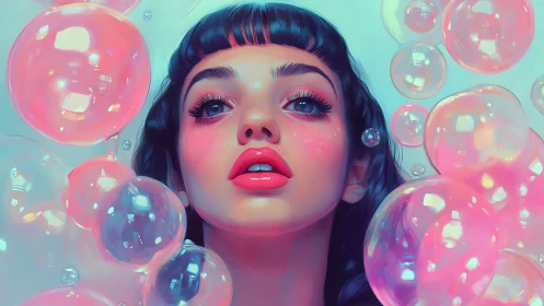 Girl with glossy lips surrounded by translucent bubbles