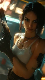 Cybernetic gunfighter in humid neon alley under hard rim lighting