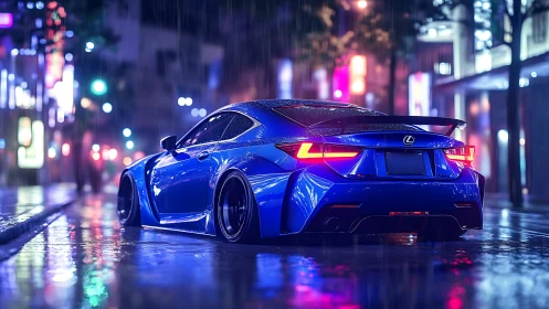 Blue sports coupe on wet city street at night in rain.