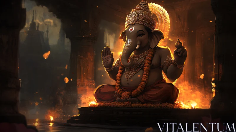 Digital render of Ganesha idol in flaming temple sanctum