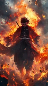 Fiery samurai warrior emerges from an inferno of raging flames