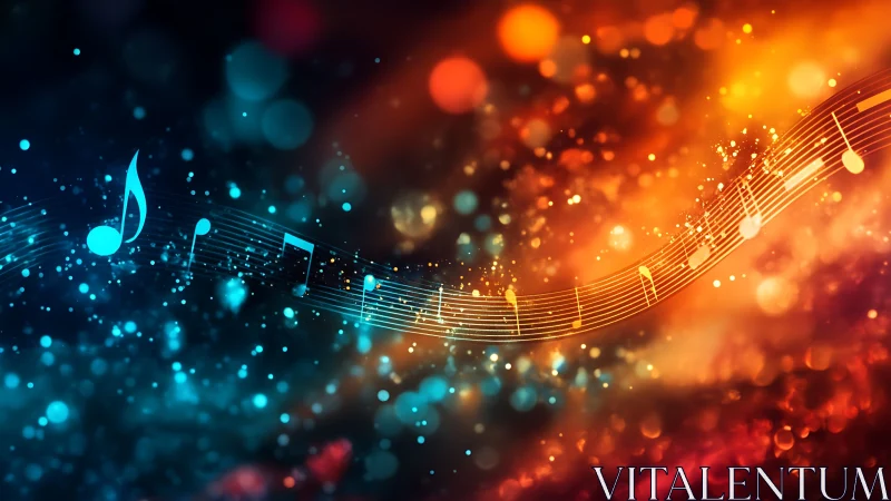 Glowing musical notes flowing through bokeh light fields.