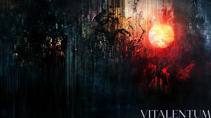 Digital abstract composition shows red sun over textured field