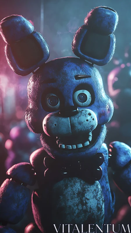 Corroded blue animatronic rabbit under volumetric neon rim lighting