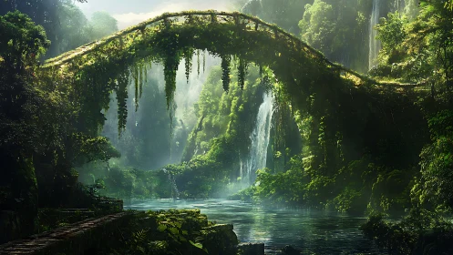 Ancient vine bridge over misty rainforest waterfall gorge.