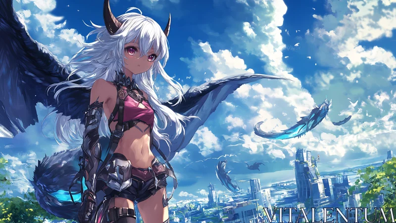 Winged horned girl watches sky serpents soar above city