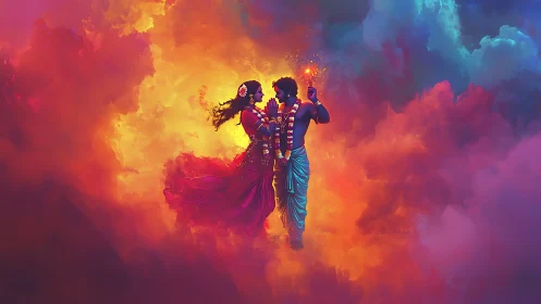 Couple in Vibrant Cloud Realm with Ornate Costumes